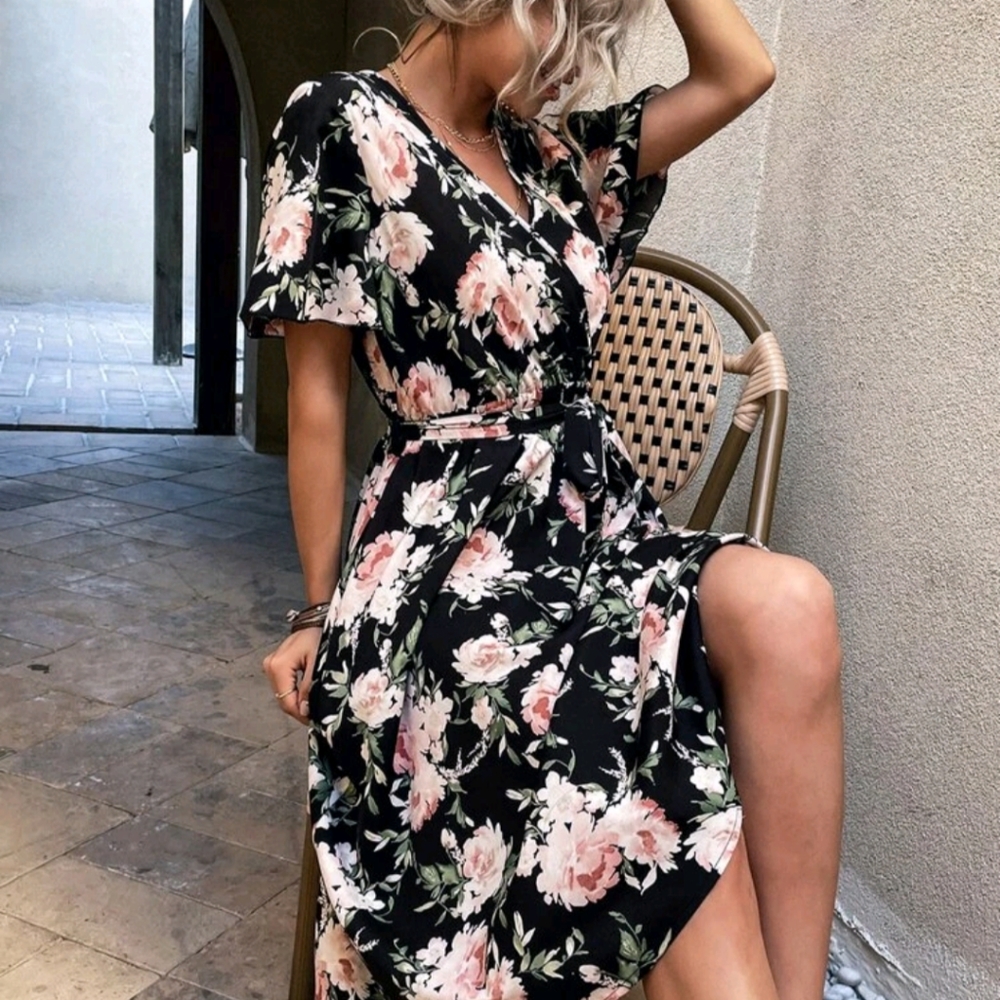 Boho Floral Print Belted Summer Dress